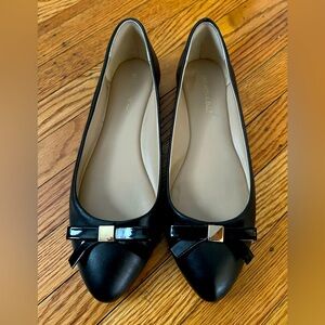Saks Fifth Avenue Black Bow Tie Flats Leather Gold Dress mod emo kate spade